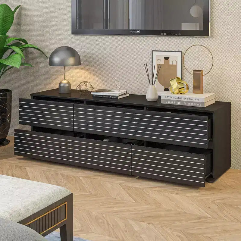 Famapy Commode / Meuble TV 6 tiroirs à rayures noires sophistiquées : Un mélange de style et de fonctionnalité pour de multiples usages