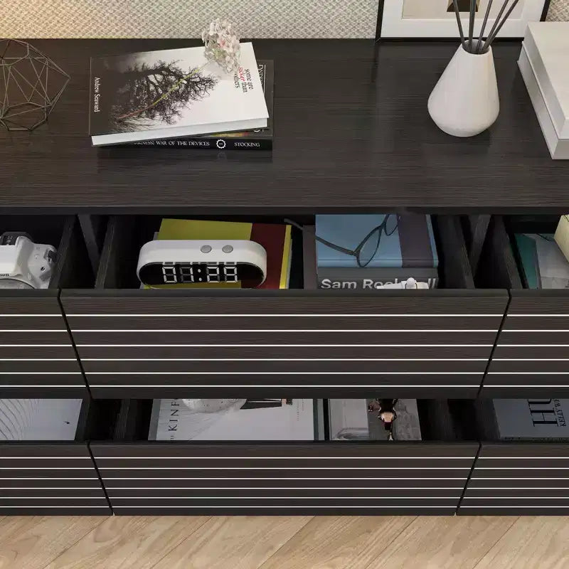 Famapy Commode / Meuble TV 6 tiroirs à rayures noires sophistiquées : Un mélange de style et de fonctionnalité pour de multiples usages