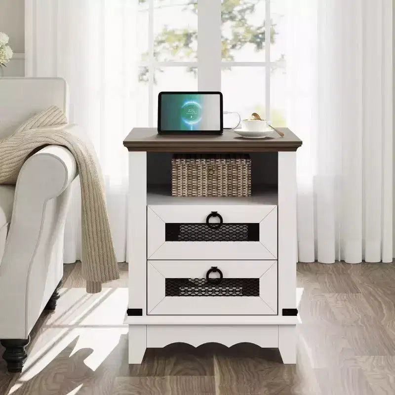 Table de chevet Garvee Farmhouse 18 pouces avec station de charge, table de nuit avec 2 tiroirs et 2 ports USB, table d'appoint avec compartiment ouvert