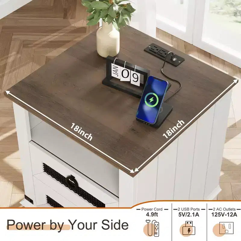 Table de chevet Garvee Farmhouse 18 pouces avec station de charge, table de nuit avec 2 tiroirs et 2 ports USB, table d'appoint avec compartiment ouvert
