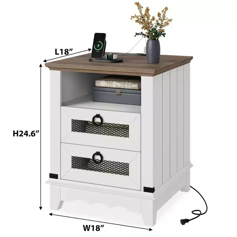 Table de chevet Garvee Farmhouse 18 pouces avec station de charge, table de nuit avec 2 tiroirs et 2 ports USB, table d'appoint avec compartiment ouvert