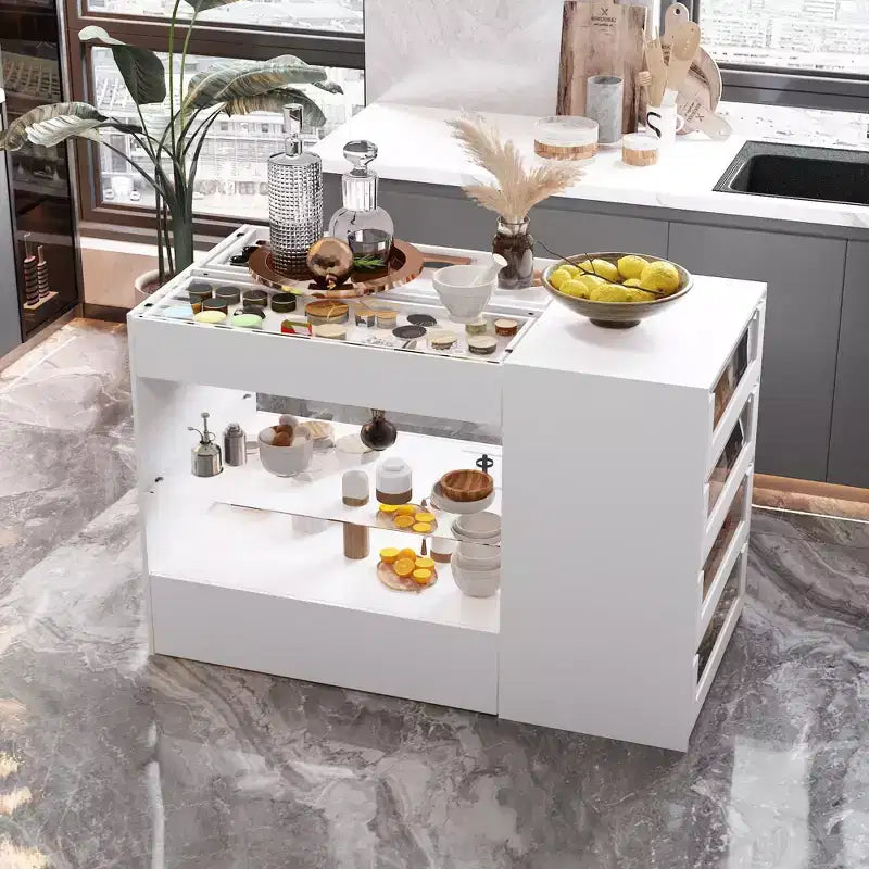 Famapy White 8 Drawers Kitchen Island With Storage Shelves and Glasss Top