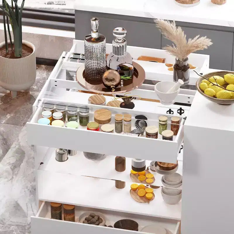 Îlot de cuisine Famapy blanc à 8 tiroirs avec étagères de rangement et plateau en verre