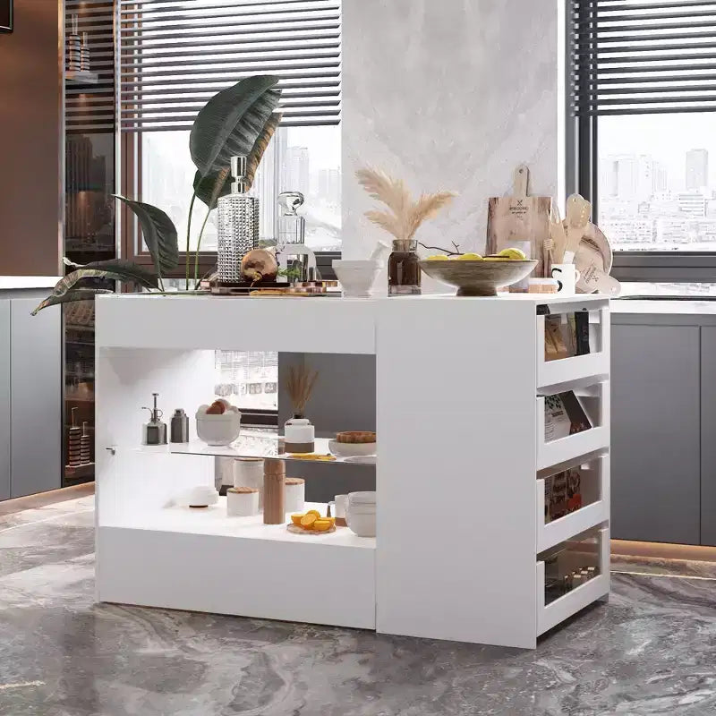Îlot de cuisine Famapy blanc à 8 tiroirs avec étagères de rangement et plateau en verre