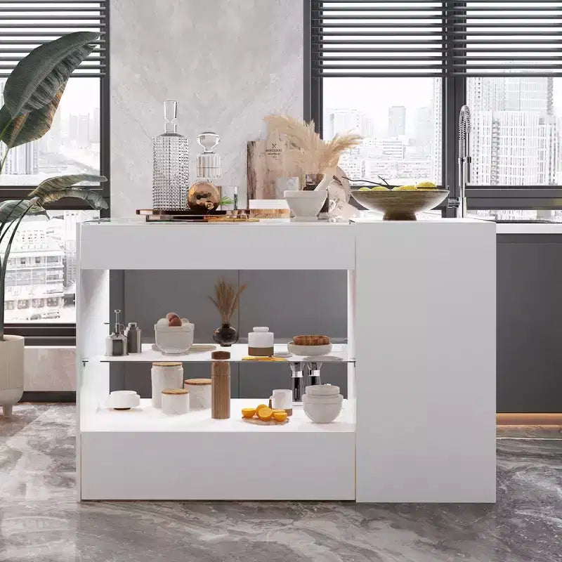 Îlot de cuisine Famapy blanc à 8 tiroirs avec étagères de rangement et plateau en verre
