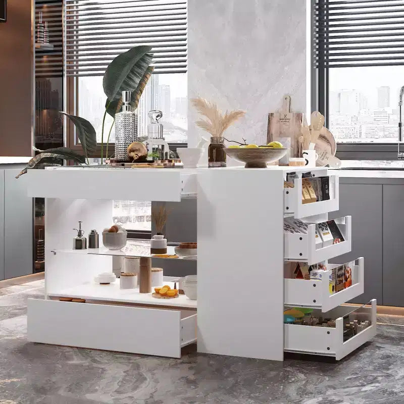Îlot de cuisine Famapy blanc à 8 tiroirs avec étagères de rangement et plateau en verre