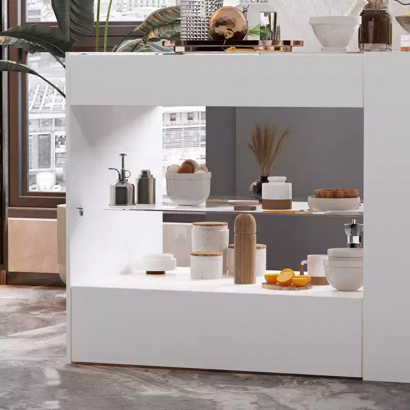 Îlot de cuisine Famapy blanc à 8 tiroirs avec étagères de rangement et plateau en verre