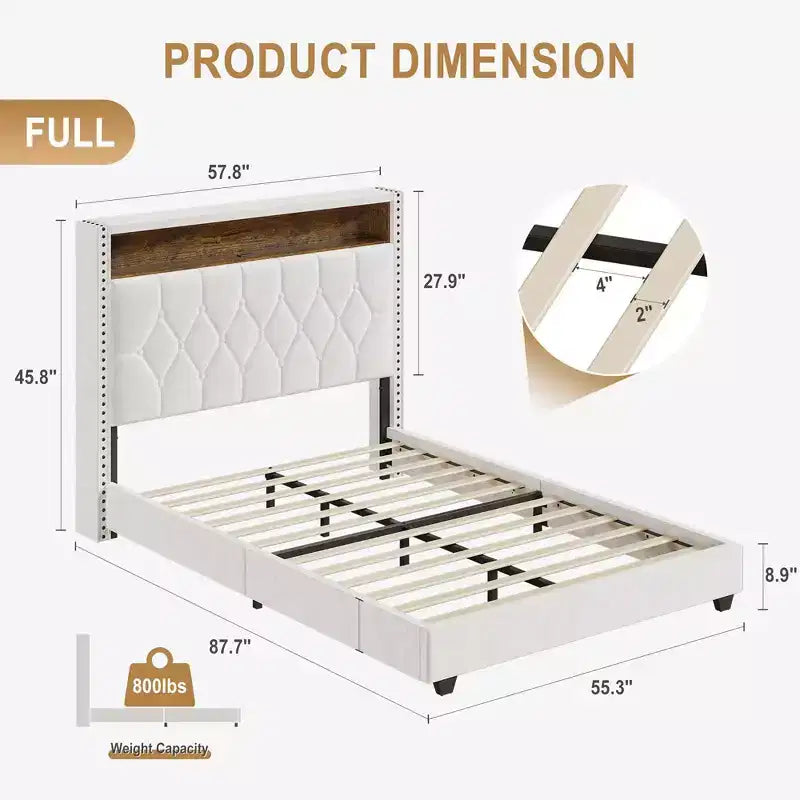 Cadre de lit plateforme Whizmax en velours avec tête de lit de rangement, tête de lit à ailerons cloutée, support à lattes en bois, blanc cassé