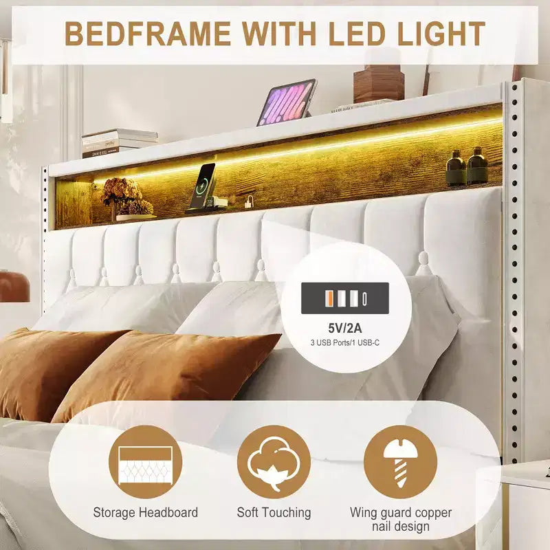 Cadre de lit plateforme Whizmax en velours avec tête de lit de rangement, tête de lit à ailerons cloutée, support à lattes en bois, blanc cassé