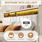 Cadre de lit plateforme Whizmax en velours avec tête de lit de rangement, tête de lit à ailerons cloutée, support à lattes en bois, blanc cassé