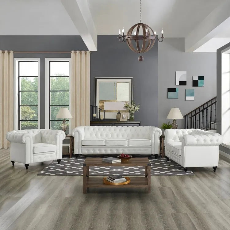 Ensemble de canapés modulaires 3 pièces Chesterfield pour salon avec accoudoirs roulés et coussins capitonnés, causeuse pour salon