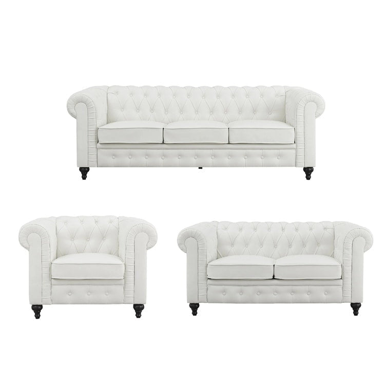 Ensemble de canapés modulaires 3 pièces Chesterfield pour salon avec accoudoirs roulés et coussins capitonnés, causeuse pour salon