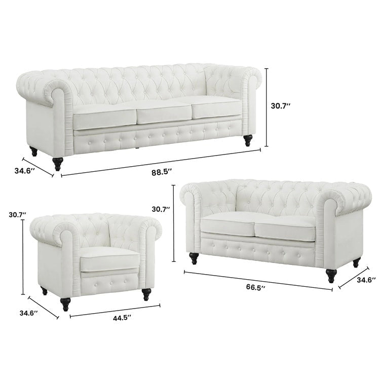 Ensemble de canapés modulaires 3 pièces Chesterfield pour salon avec accoudoirs roulés et coussins capitonnés, causeuse pour salon