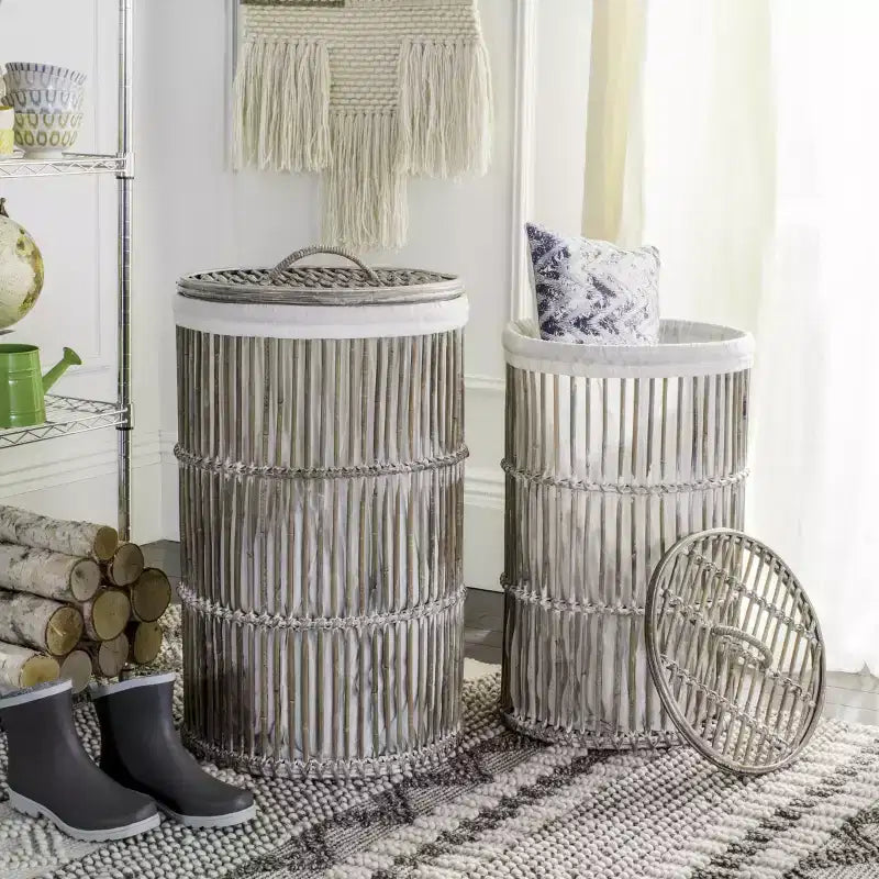 Lot de 2 paniers à linge Libby avec doublure - HAC6502 - Blanc/Blanc délavé - Safavieh