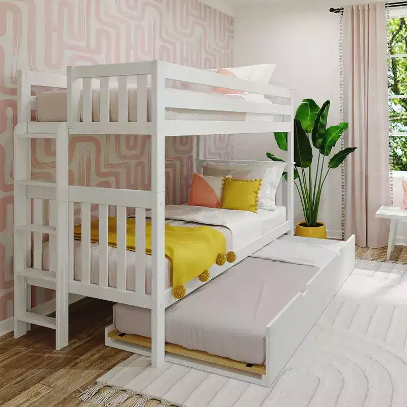 Max & Lily Bunk Bed with Ladder on End and Trundle, Twin-Over-Twin Bed Frame for Kids