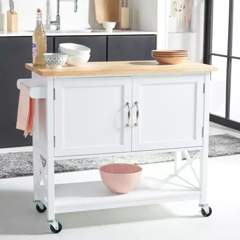 Desserte de cuisine 2 portes 1 étagère Kesler - KCH8705 - Blanc/Naturel - Safavieh