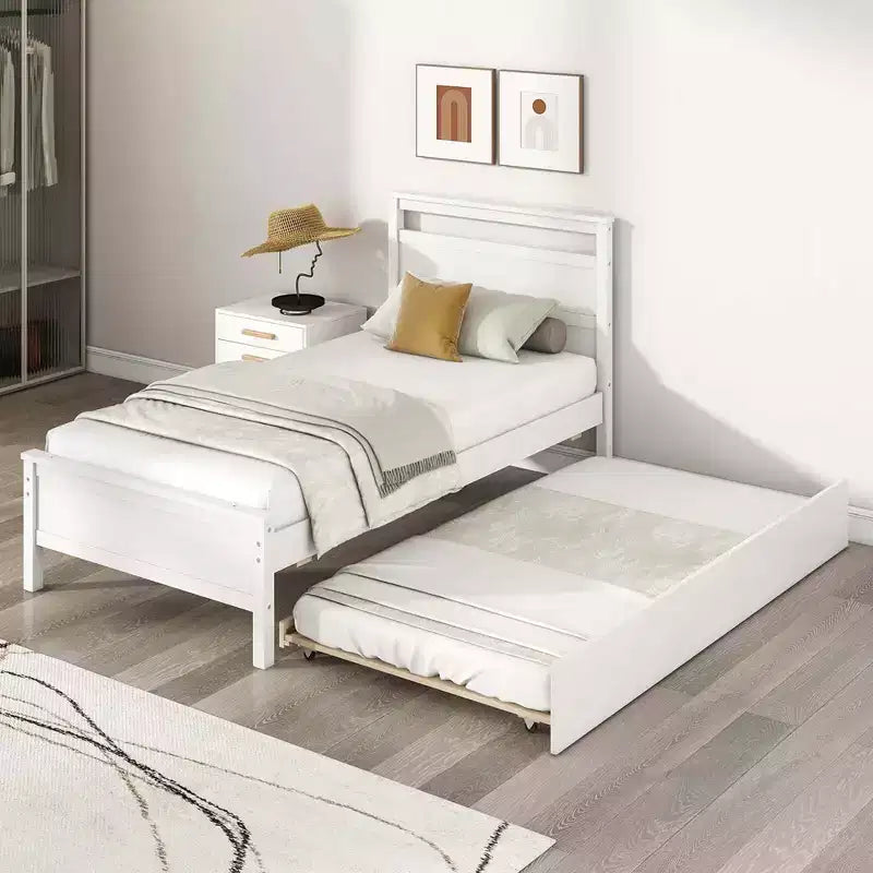 Lit plateforme double Costway avec lit gigogne, tête et pied de lit gigognes, gris/blanc