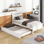 Lit plateforme double Costway avec lit gigogne, tête et pied de lit gigognes, gris/blanc