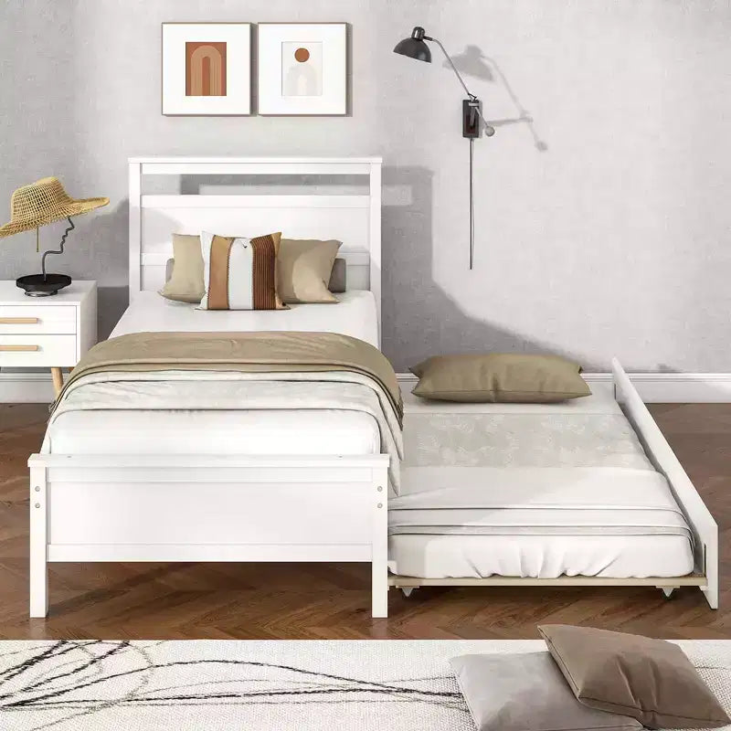 Lit plateforme double Costway avec lit gigogne, tête et pied de lit gigognes, gris/blanc