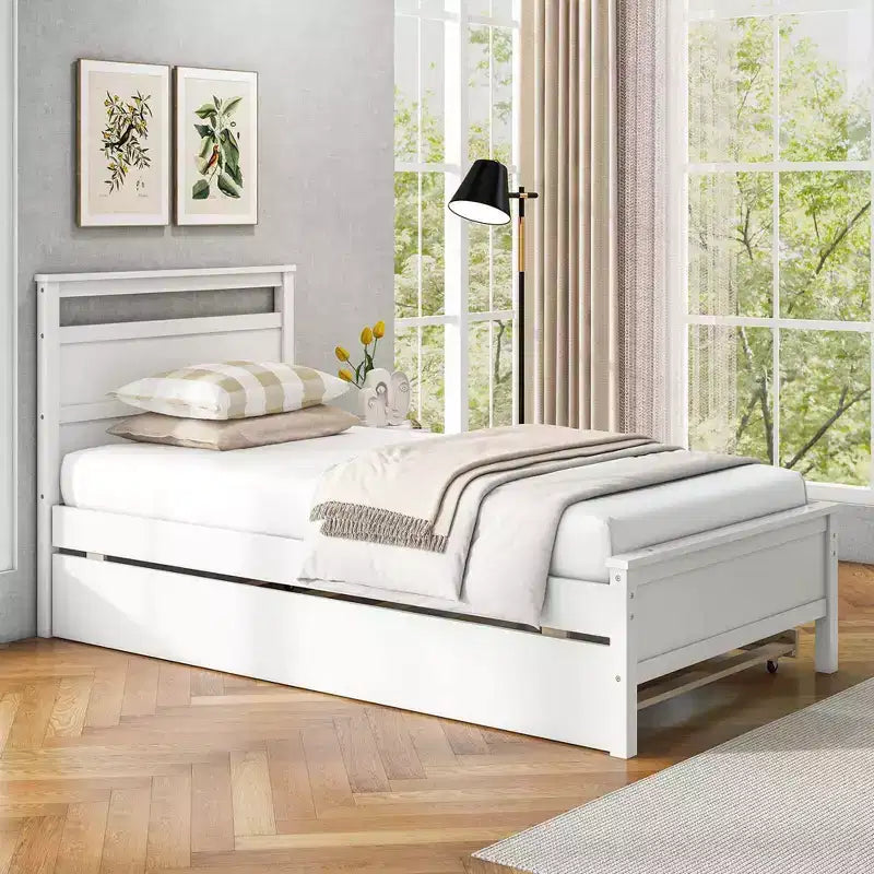 Lit plateforme double Costway avec lit gigogne, tête et pied de lit gigognes, gris/blanc