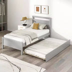 Lit plateforme double Costway avec lit gigogne, tête et pied de lit gigognes, gris/blanc