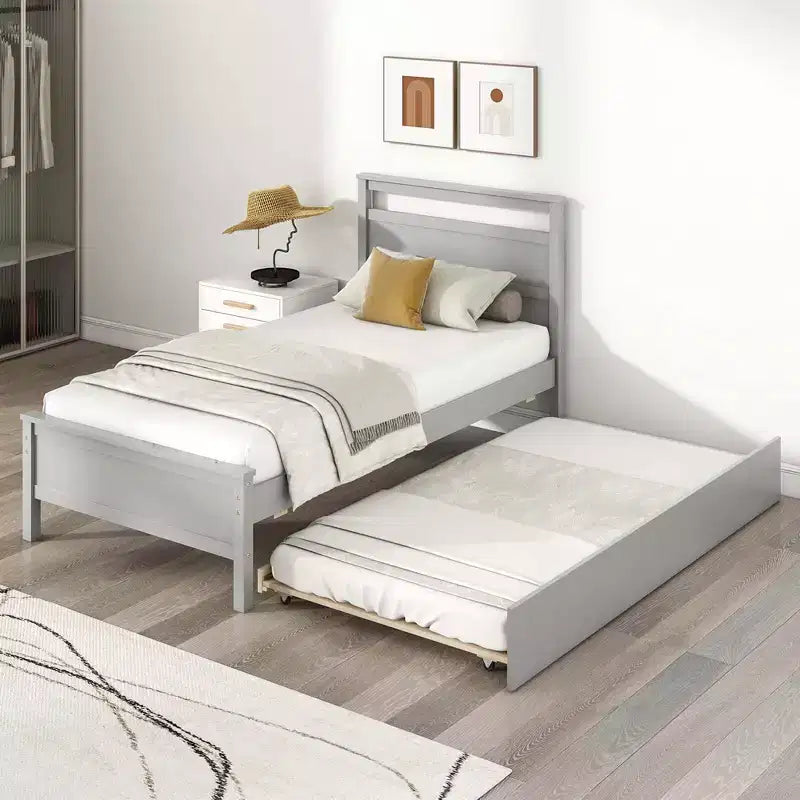 Lit plateforme double Costway avec lit gigogne, tête et pied de lit gigognes, gris/blanc