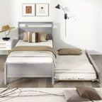 Lit plateforme double Costway avec lit gigogne, tête et pied de lit gigognes, gris/blanc