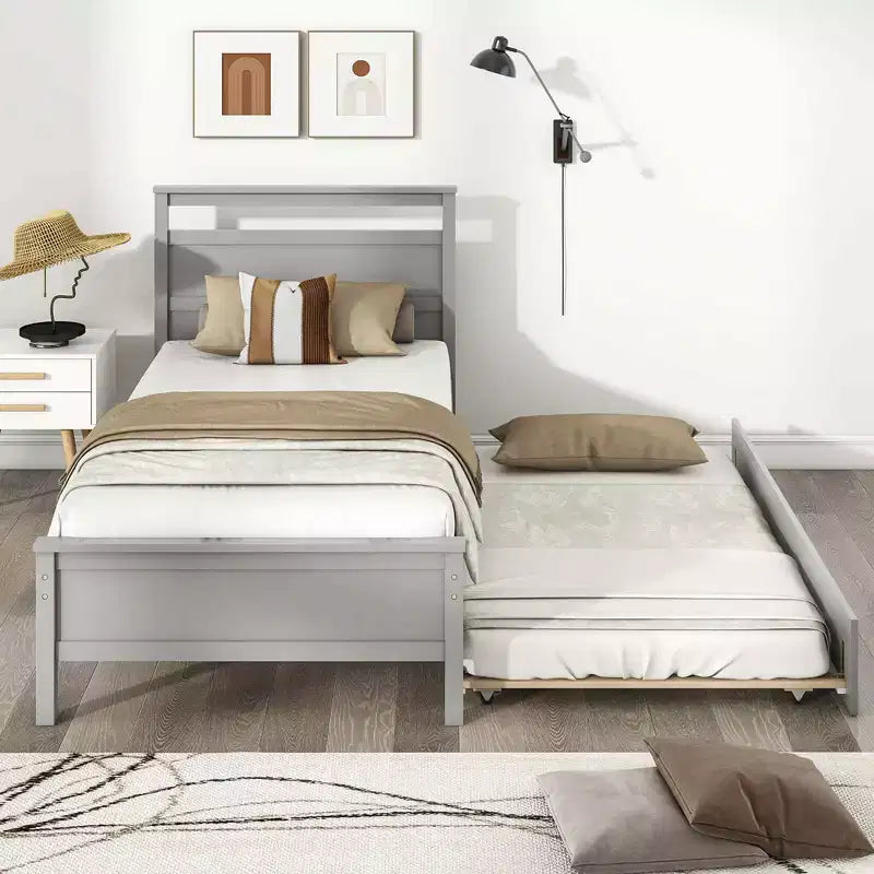 Lit plateforme double Costway avec lit gigogne, tête et pied de lit gigognes, gris/blanc