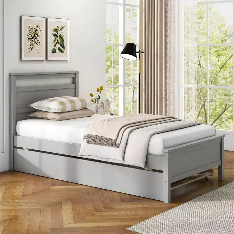 Lit plateforme double Costway avec lit gigogne, tête et pied de lit gigognes, gris/blanc