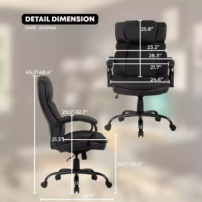 Chaise de Bureau de Direction Ergonomique Grande Taille FDW 500lbs avec Soutien Lombaire Pivotant et Appuie-tête Réglable pour Personnes Fortes, Noir