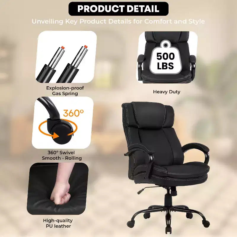 Chaise de Bureau de Direction Ergonomique Grande Taille FDW 500lbs avec Soutien Lombaire Pivotant et Appuie-tête Réglable pour Personnes Fortes, Noir