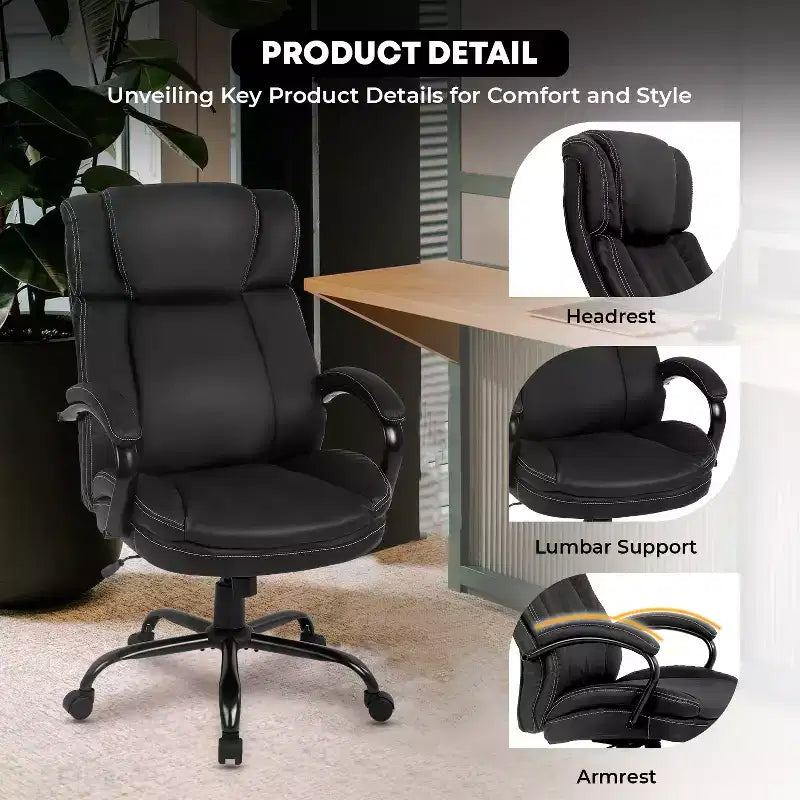 Chaise de Bureau de Direction Ergonomique Grande Taille FDW 500lbs avec Soutien Lombaire Pivotant et Appuie-tête Réglable pour Personnes Fortes, Noir