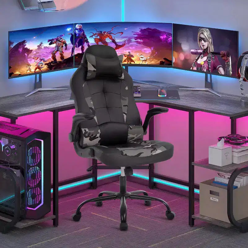 FDW Fauteuil de bureau de jeu Chaise de bureau avec support lombaire Accoudoirs relevables Appuie-tête