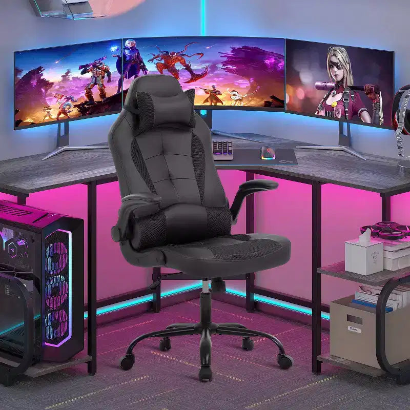 FDW Fauteuil de bureau de jeu Chaise de bureau avec support lombaire Accoudoirs relevables Appuie-tête