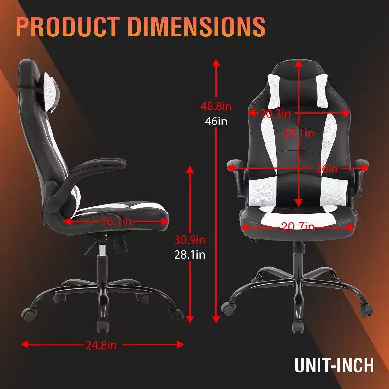 FDW Fauteuil de bureau de jeu Chaise de bureau avec support lombaire Accoudoirs relevables Appuie-tête