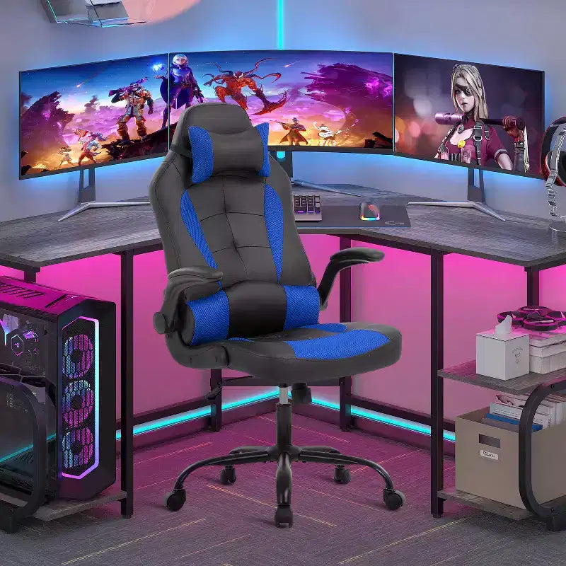 FDW Fauteuil de bureau de jeu Chaise de bureau avec support lombaire Accoudoirs relevables Appuie-tête