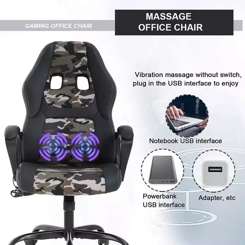 FDW Chaise de bureau gamer, Chaise de bureau ergonomique avec massage, Fauteuil de bureau en cuir PU avec support lombaire, appui-tête et accoudoirs