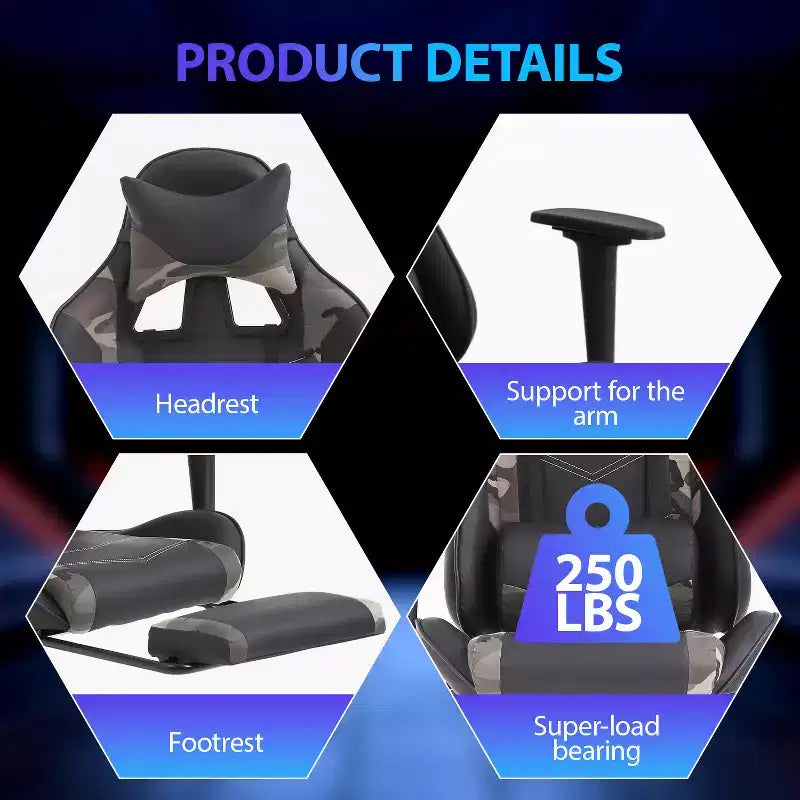 FDW Chaise de jeu de course, Chaises de jeu vidéo avec bureau d'ordinateur, Support lombaire et appui-tête en cuir PU, Siège pivotant à 360°