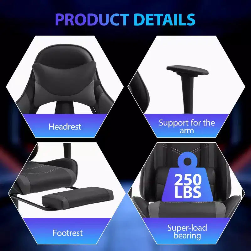FDW Chaise de jeu de course, Chaises de jeu vidéo avec bureau d'ordinateur, Support lombaire et appui-tête en cuir PU, Siège pivotant à 360°