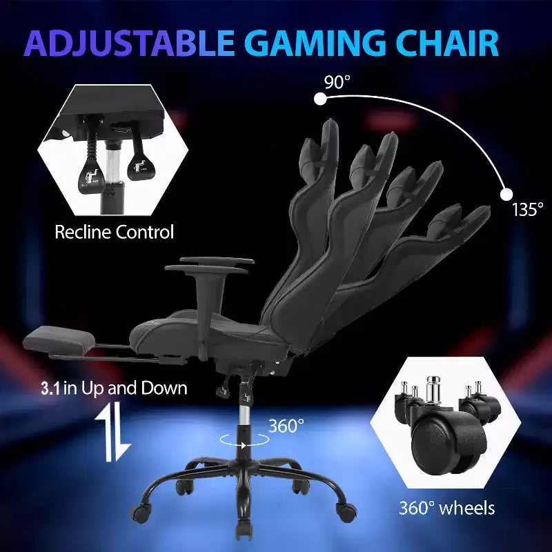 FDW Chaise de jeu de course, Chaises de jeu vidéo avec bureau d'ordinateur, Support lombaire et appui-tête en cuir PU, Siège pivotant à 360°