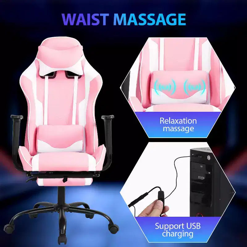 FDW Chaise de jeu de course, Chaises de jeu vidéo avec bureau d'ordinateur, Support lombaire et appui-tête en cuir PU, Siège pivotant à 360°