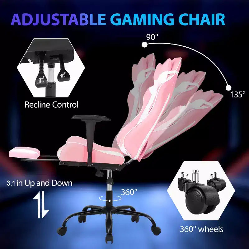 FDW Chaise de jeu de course, Chaises de jeu vidéo avec bureau d'ordinateur, Support lombaire et appui-tête en cuir PU, Siège pivotant à 360°