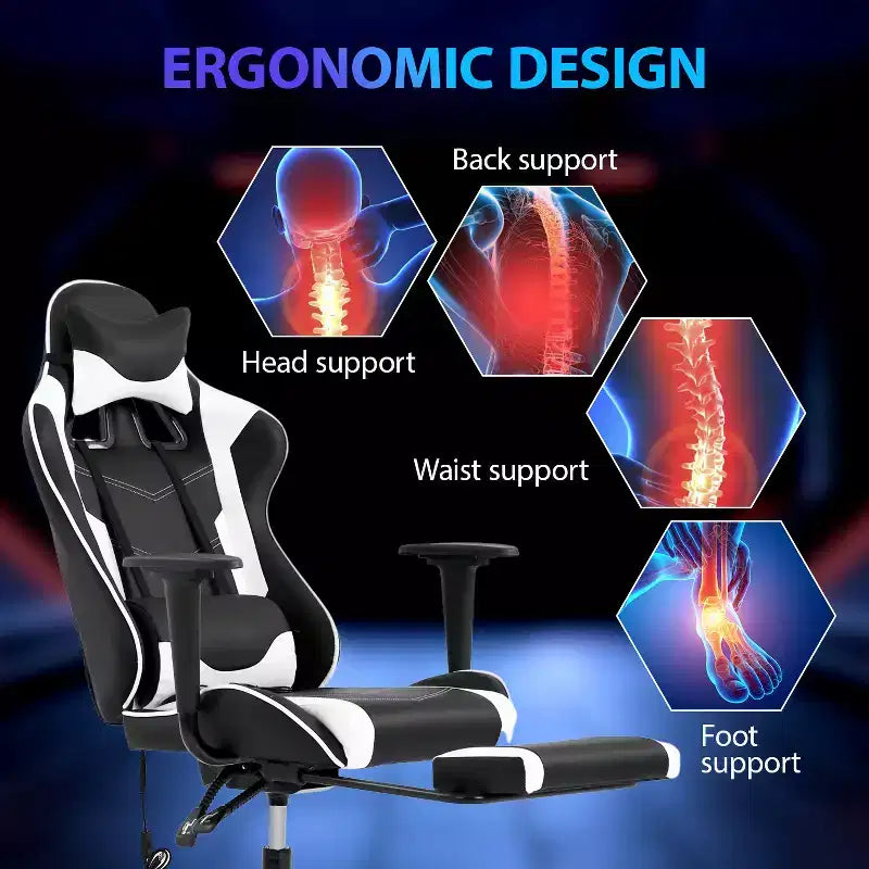 FDW Chaise de jeu de course, Chaises de jeu vidéo avec bureau d'ordinateur, Support lombaire et appui-tête en cuir PU, Siège pivotant à 360°
