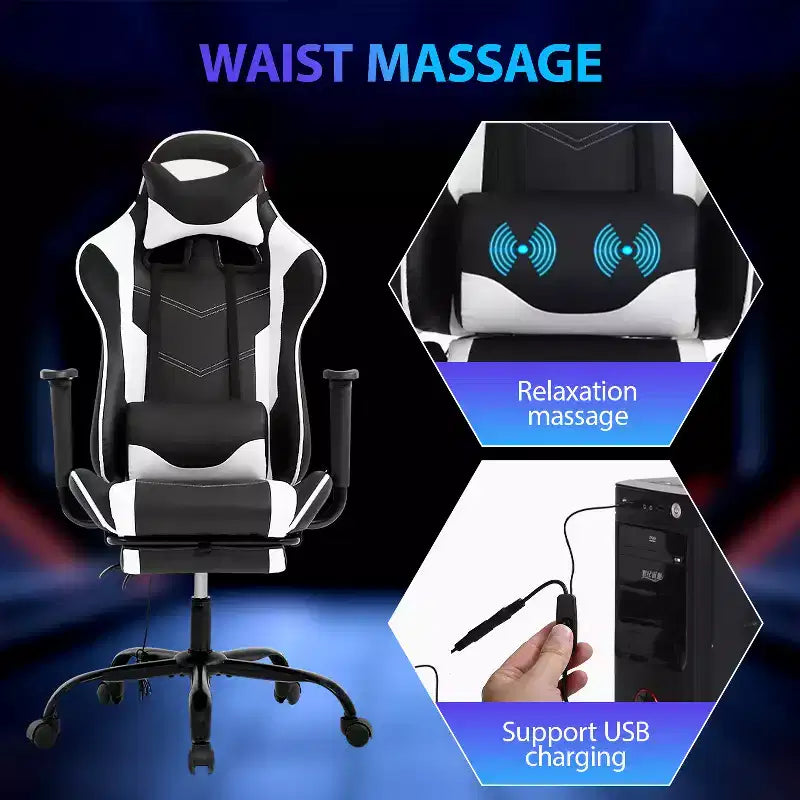 FDW Chaise de jeu de course, Chaises de jeu vidéo avec bureau d'ordinateur, Support lombaire et appui-tête en cuir PU, Siège pivotant à 360°