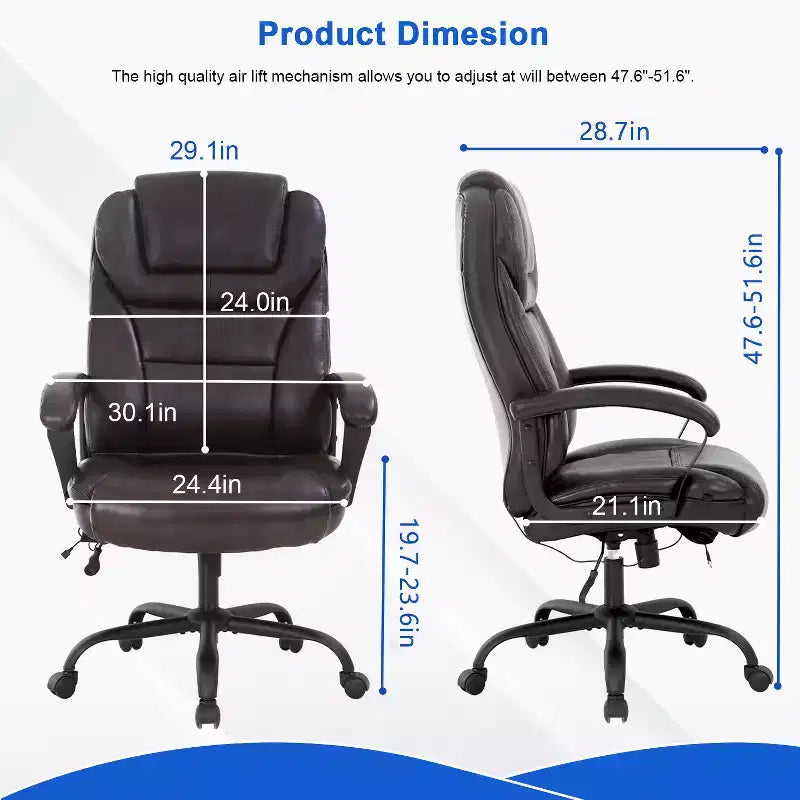 Chaise de bureau de direction grande taille FDW avec support lombaire, assise large, hauteur réglable et fonction pivotante, parfaite pour la maison et le bureau
