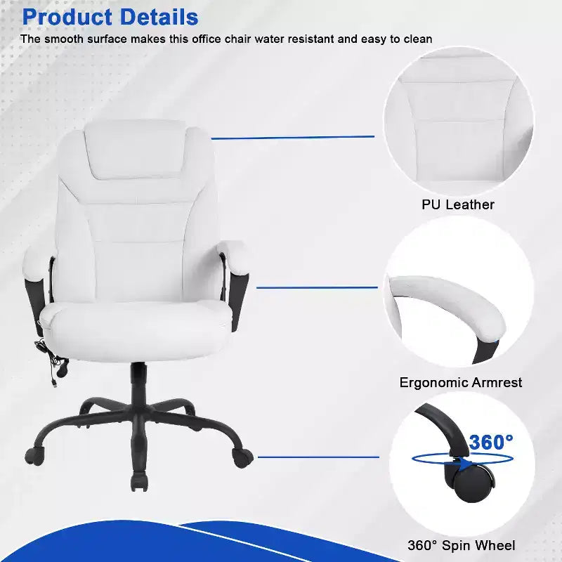 Chaise de bureau de direction grande taille FDW avec support lombaire, assise large, hauteur réglable et fonction pivotante, parfaite pour la maison et le bureau