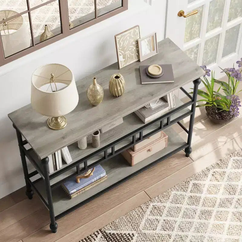 Console Garvee, table de canapé à 3 niveaux, table d'entrée étroite avec rangement, table de couloir industrielle de 109 cm derrière le canapé, gris rustique