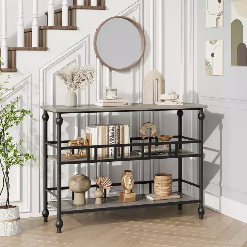 Console Garvee, table de canapé à 3 niveaux, table d'entrée étroite avec rangement, table de couloir industrielle de 109 cm derrière le canapé, gris rustique