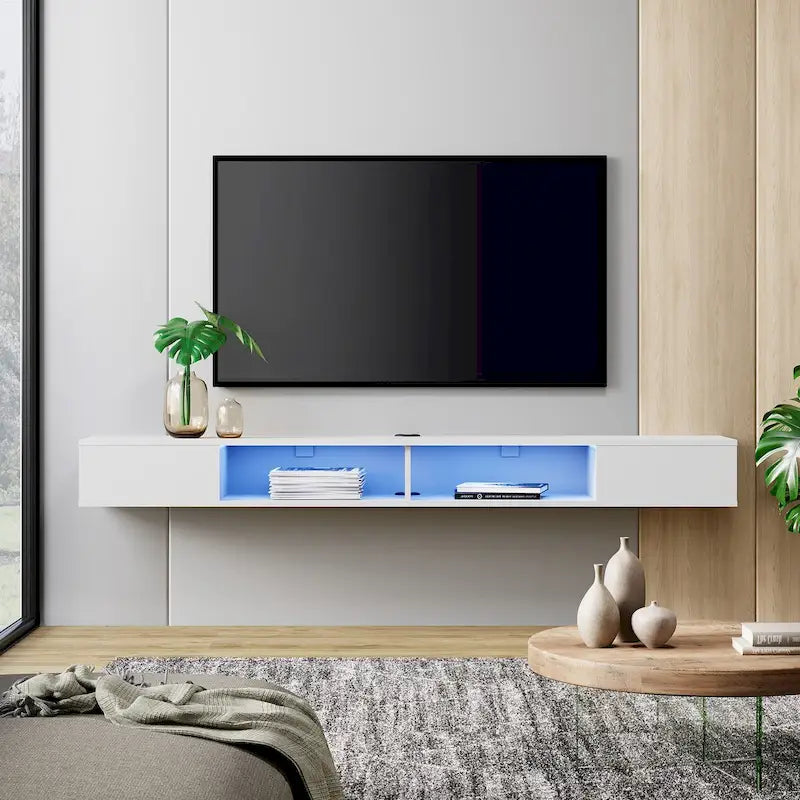 WAMPAT Étagère TV flottante de 70 pouces avec lumières LED, meuble TV flottant sous console multimédia TV pour salon - 70 pouces