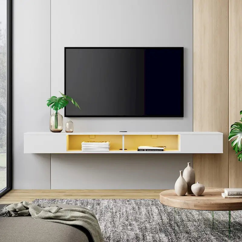 WAMPAT Étagère TV flottante de 70 pouces avec lumières LED, meuble TV flottant sous console multimédia TV pour salon - 70 pouces
